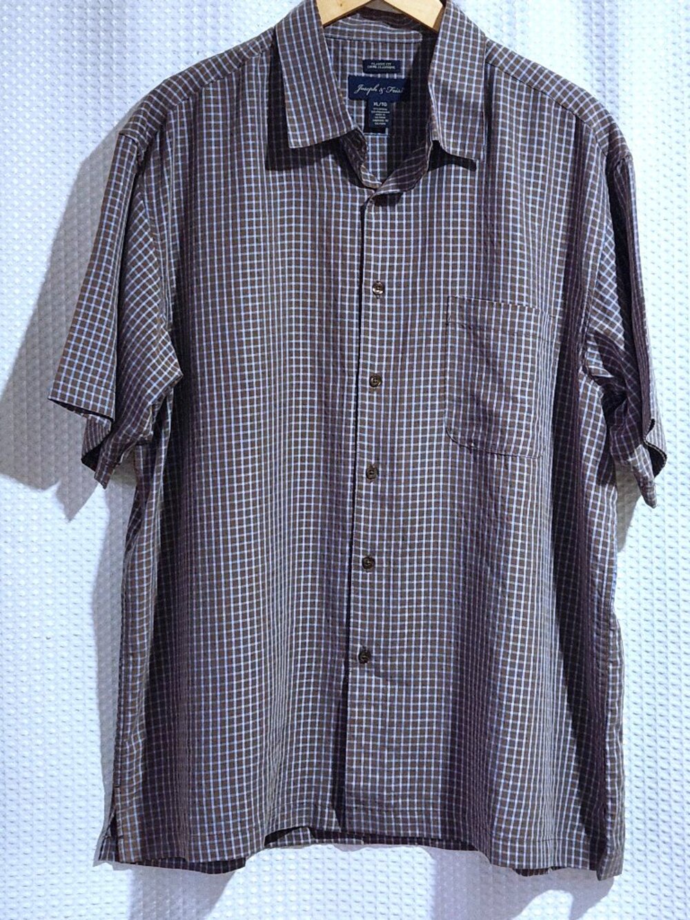 Joseph Feiss Plaid Shirt Mens XL Brown Blue Short Sleeve Button Down Classic